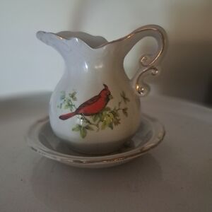 Vtg 1970's Lefton Cardinal Bird Theme Porcelain Mini Pitcher/Creamer Set W/Plate